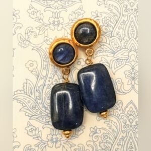 Natural Blue Kyanite In Hammered Gold Bezel & Kyanite Drop Stone Earrings
